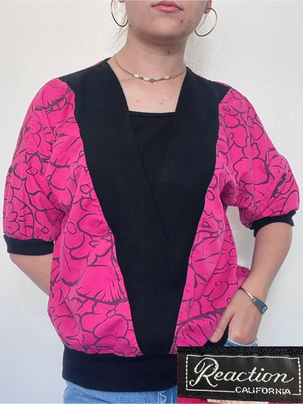 Reaction | Vintage 80s Pink & Black Floral Layered Look Blouse